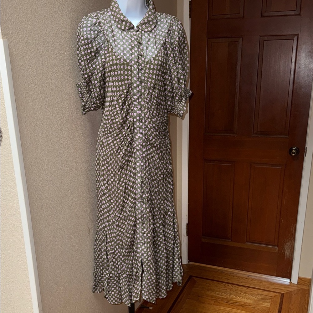 NWT $178 By Anthropologie Floral Polka Dot Midi Dress Moss Pink Women’s Size 6